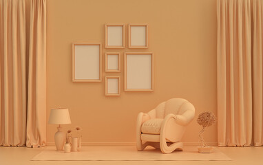 Mock-up poster gallery wall with six frames in solid pastel orange pinkish room with furnitures and plants, 3d Rendering