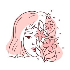 Creative abstract female face with blooming flower elements in doodle line drawing. Women's modern spring, summer portraits in the style of minimalism. Vector illustration for card, poster, brochure