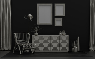 Gallery wall with three frames, in monochrome flat single black and metallic silver color room with furnitures and plants,  3d Rendering