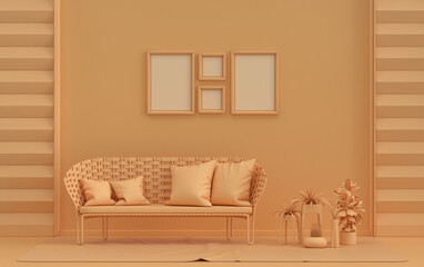 Single color monochrome orange pinkish color interior room with single chair and plants,  4 poster frames on the wall, 3D rendering