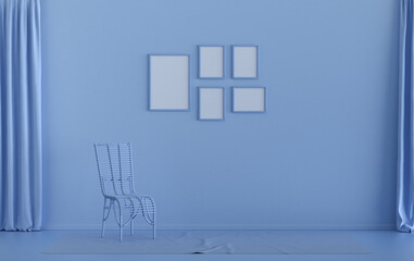 Flat color interior room for poster showcase with 5 frames  on the wall, monochrome light blue color gallery wall with single chair, without plant. 3D rendering