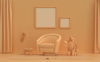 Fototapeta na wymiar Double Frames Gallery Wall in orange pinkish color monochrome flat room with furnitures and plants, 3d Rendering