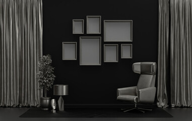 Minimalist living room interior in flat single pastel black background and metallic silver color with seven frames on the wall and furnitures and plants, in the room, 3d Rendering