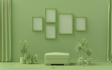 Single color monochrome light green color interior room with furnitures and plants,  5 poster frames on the wall, 3D rendering