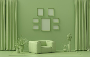 Mock-up poster gallery wall with six frames in solid pastel light green room with single chair and plants, 3d Rendering