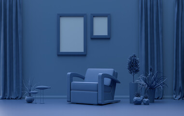 Double Frames Gallery Wall in dark blue monochrome flat color room with furnitures and plants, 3d Rendering