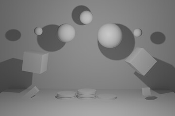 3d rendering of realistic primitives composition. Flying figures in motion isolated on a blue background. Possible theme for fashion designs. Spheres, torus, tubes, cones in white colors. A podium for