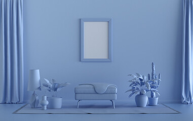Single Frame Gallery Wall in light blue monochrome flat room with furnitures and plants, 3d Rendering