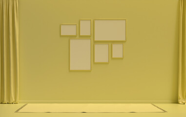 Poster frame background room in flat light yellow color with 6 frames on the wall, solid monochrome background for gallery wall mockup, 3d rendering