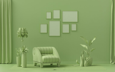 Minimalist living room interior in flat single pastel light green color with seven frames on the wall and furnitures and plants, in the room, 3d Rendering