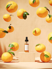 Summer mockup concept for product presentation. Cosmetic bottle and beige podium with orange on beige background. Clipping path of each element included. 3d rendering illustration. 