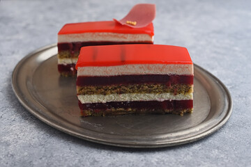 Chocolate cake with rubby chocolate served for coffee