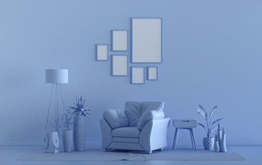 Wall mockup with six frames in solid flat  pastel light blue color, monochrome interior modern living room with furnitures and plants, 3d rendering