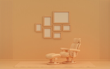 Mock-up poster gallery wall with 7 frames in solid pastel orange pinkish room with single chair, without plant, 3d Rendering