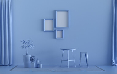 Gallery wall with three frames, in monochrome flat single light blue color room with single chair and plants,  3d Rendering