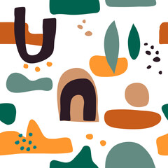 Seamless repeating pattern featuring abstract organic and shapes in earthy colors. 