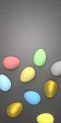 3D render Easter and Covid-19 concept: Many decorative eggs with colorful designs lying in distance on grey background with smooth shadow and copy space. Illustrated graphic objects. Stay safe