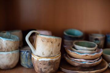 Empty bowl on rustic wood, Japanese handmade ceramic bowl, ceramic texture