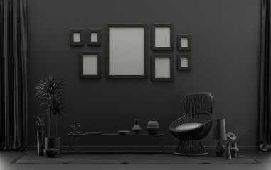Fototapeta premium Minimalist living room interior in flat single pastel black and dark gray color with 8 frames on the wall and furnitures and plants, in the room, 3d Rendering