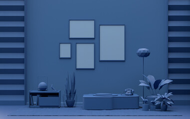 Fototapeta premium Interior room in plain monochrome dark blue color, 4 frames on the wall with furnitures and plants, for poster presentation, Gallery wall. 3D rendering