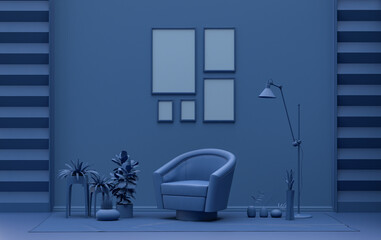 Single color monochrome dark blue color interior room with furnitures and plants,  5 poster frames on the wall, 3D rendering