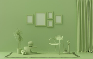 Flat color interior room for poster showcase with 5 frames  on the wall, monochrome light green color gallery wall with furnitures and plants. 3D rendering