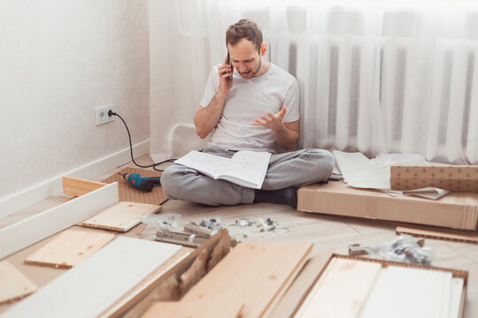 The man complains furiously about the quality of the service over the phone, due to troubles with new furniture. Poor quality of services