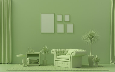 Flat color interior room for poster showcase with 5 frames  on the wall, monochrome light green color gallery wall with furnitures and plants. 3D rendering