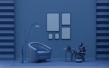 Single color monochrome dark blue color interior room with furnitures and plants,  5 poster frames on the wall, 3D rendering