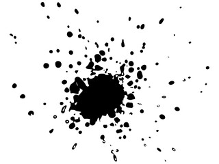 Black blot with splashes. Spilled ink with dots droplets white paper random smudges silhouettes with creative dirt monochrome drawing of dripping blood and flowing vector liquid.