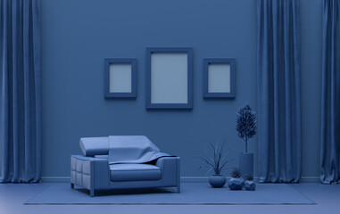 Gallery wall with three frames, in monochrome flat single dark blue color room with single chair and plants,  3d Rendering