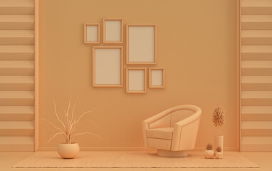 Wall mockup with six frames in solid flat  pastel orange pinkish color, monochrome interior modern living room with furnitures and plants, 3d rendering