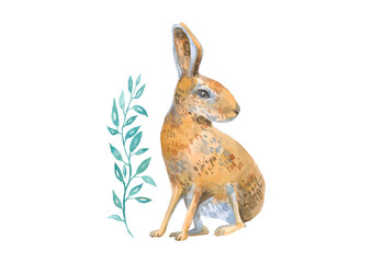 Happy Easter bunny rabbit isolated on white with green leaves. Concept of Easter banner. Spring easter composition. Illustrations of watercolor cute bunny.
