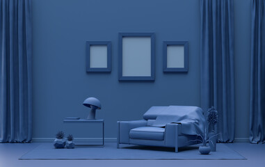 Gallery wall with three frames, in monochrome flat single dark blue color room with furnitures and plants,  3d Rendering