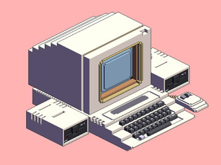 Retro PC. Isometric pixel art illustration. 