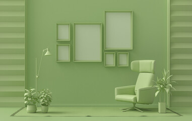 Wall mockup with six frames in solid flat  pastel light green color, monochrome interior modern living room with furnitures and plants, 3d rendering