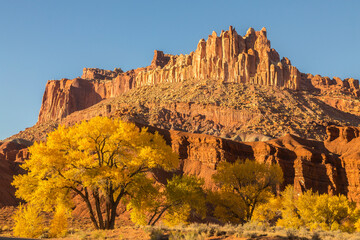 USA, Utah, Capitol Reef National Park. The Castle rock formation in autumn.