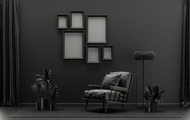 Wall mockup with six frames in solid flat  pastel black and dark gray color, monochrome interior modern living room with furnitures and plants, 3d rendering