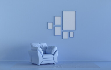 Wall mockup with six frames in solid flat  pastel light blue color, monochrome interior modern living room with single chair, without plant, 3d rendering