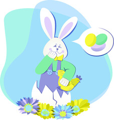 cute funny easter illustration, rabbit, eggs, chicken, flowers, amusing story, tender color