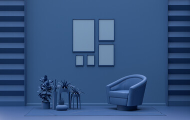 Single color monochrome dark blue color interior room with single chair and plants,  5 poster frames on the wall, 3D rendering