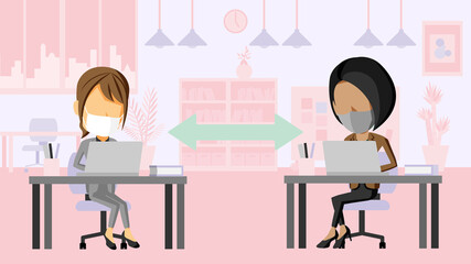 距離を空けてオフィスで働くスーツ姿の女性2人のイラスト	