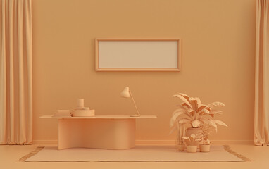 Single Frame Gallery Wall in orange pinkish color monochrome flat room with office desk and plants, 3d Rendering