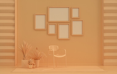 Poster frame background room in flat orange pinkish color with 6 frames on the wall, solid monochrome background for gallery wall mockup, 3d rendering