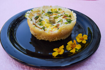 Popular and traditional Indian Rajasthani sweet item dessert called Ghevar or Ghewar - obrazy, fototapety, plakaty