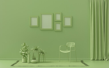 Flat color interior room for poster showcase with 5 frames  on the wall, monochrome light green color gallery wall with single chair and plants. 3D rendering