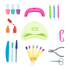Hand-drawn large color vector set. Manicure tools: nail polish, nail file, scissors, nail lamp.
