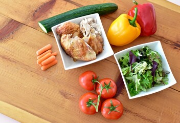Fresh healthy vegetables ready to prepare nutritious lunchtime salad. Photo concept, food background, flat lay, copy space