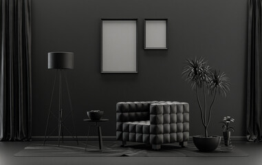 Double Frames Gallery Wall in black and dark gray color monochrome flat room with furnitures and plants, 3d Rendering