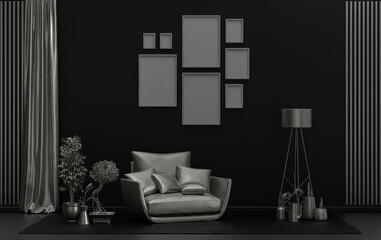 Minimalist living room interior in flat single pastel black background and metallic silver color with 8 frames on the wall and furnitures and plants, in the room, 3d Rendering